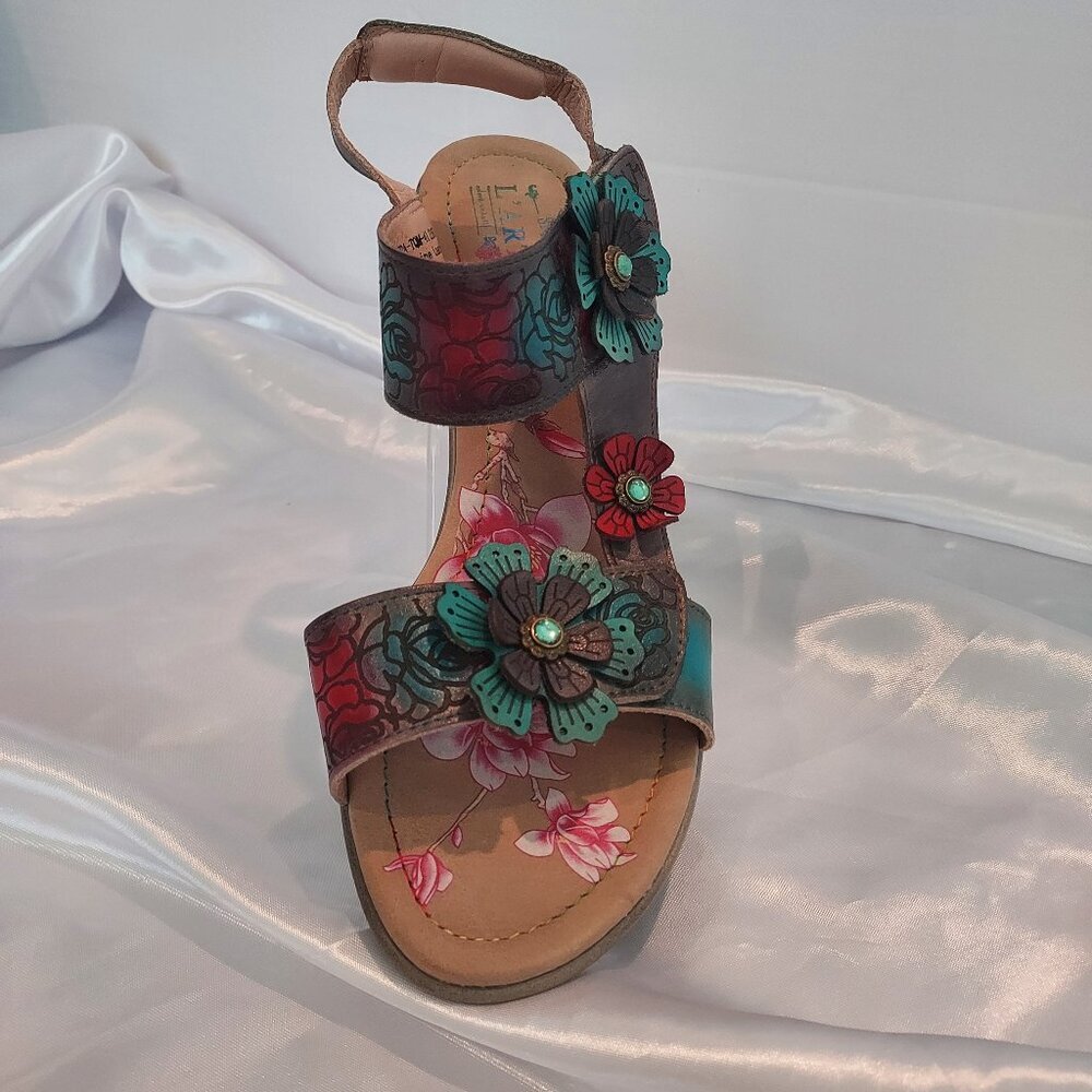 L'Artiste Hand-Painted Floral Design Salira Sandals Size 41 (US 9.5-10)